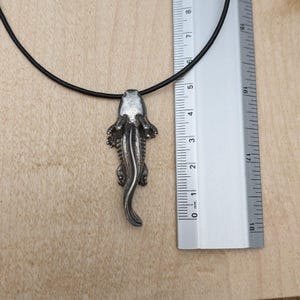 May include: A silver-colored pendant in the shape of a salamander, suspended from a black cord. The pendant is approximately 2 inches long. The necklace is displayed on a wooden surface next to a ruler.