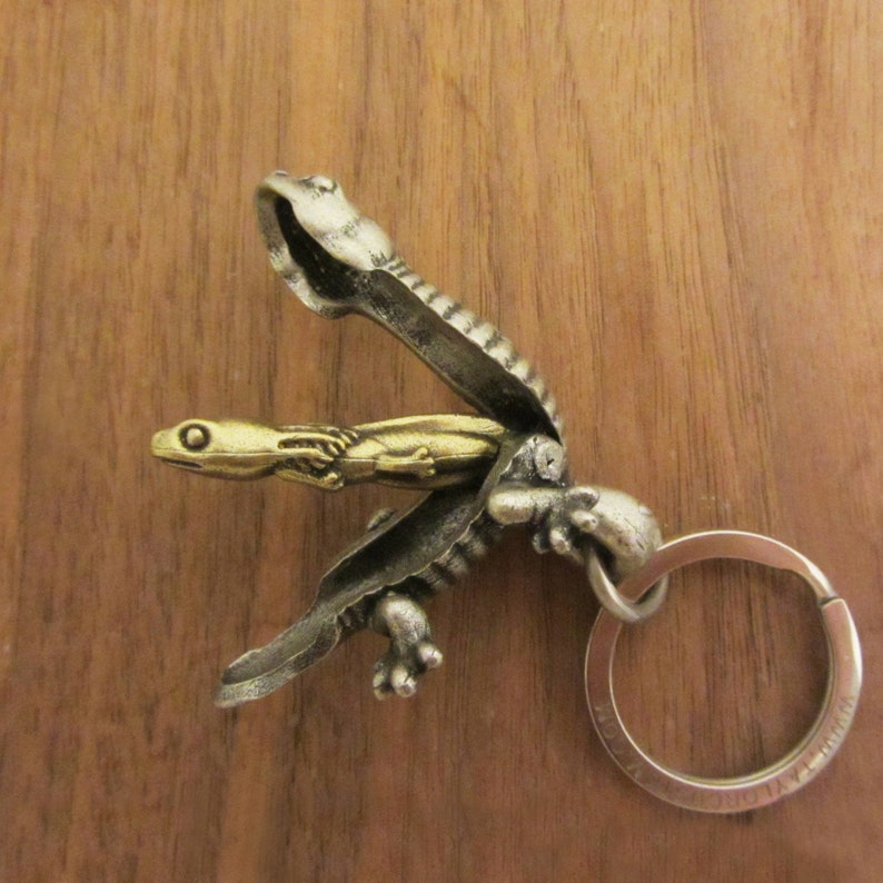 May include: A detailed keychain featuring a lizard inside a larger reptile-shaped case. The outer case is silver-toned, and the lizard inside is gold-toned. The keychain includes a silver ring for attaching keys.