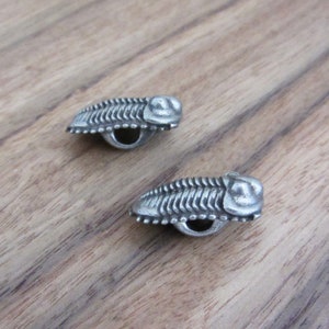 May include: Two silver-toned metal trilobite-shaped buttons. The buttons have a detailed design and a hole in the center for sewing.