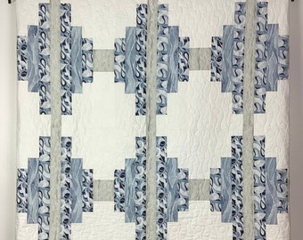 New! Queen Quilt | Blue and Tan | Ocean Waves