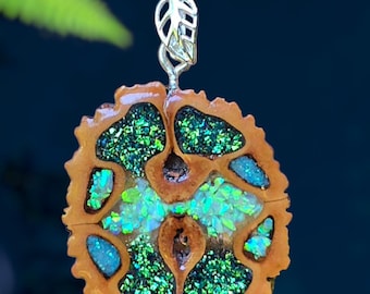 Green Opal & Chameleon Flakes Black Walnut Pendant
