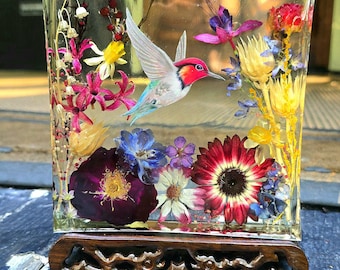 Hummingbird Garden LED Resin Diorama * daylight white led * USB light