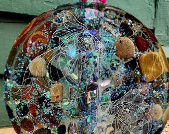 Bud Vase - Real River Rocks & Abalone Shell * OOAK * holographic fish * real crushed opal * optional light base * unique handmade bud vase