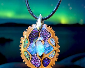 Moonstone Black Walnut Necklace: Crushed Opal Chameleon Pendant