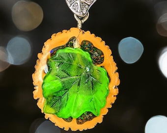 Glass Leaf Walnut Necklace * Black Walnut & Crushed Opal Pendant