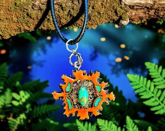 Green Copper Turquoise * Real Black Walnut Pendant * Crushed Opal & Golden Flakes Accent