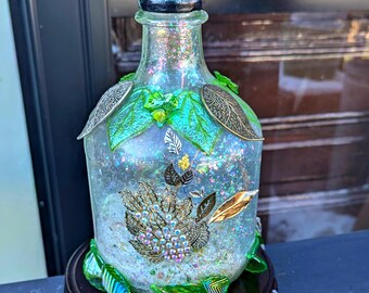 Hand Painted Leaf Glass Bottle Lamp, Upcycled Accent Light