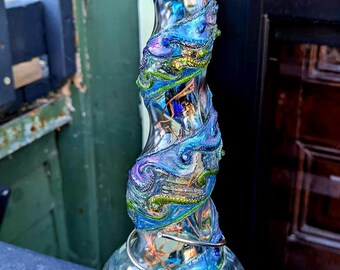 Antique Glass Bottle Light * Hand Painted & Decorated Peacock Accent Lamp