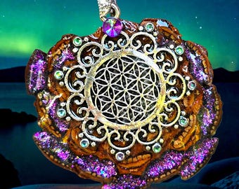 Seed of Life Pinecone Necklace: Purple Chameleon Flakes Pendant