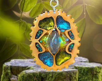 Labradorite Black Walnut Necklace: Gold Mica & Crushed Opal Chameleon Pendant