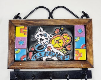 Wall Decor Mount Key Holder Wood Tile Talavera Mi Amigo Gato Cat Hanmade Folk Mexico (Free Shipping)