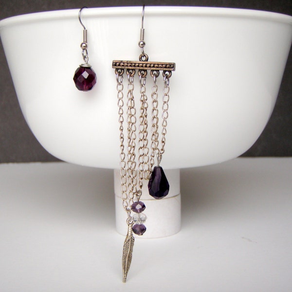 Asymmetric Purple Crystal Silver Feather Hanging Chain Earrings