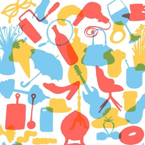 Decorative Print with Colorful Collage of Home Objects, Illustration, Wall Art for Home Decor, 14x18