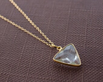 Gold triangle necklace, Dainty triangle necklace, Triangle charm necklace, Quartz triangle, Gold geometric necklace, Gold triangle charm