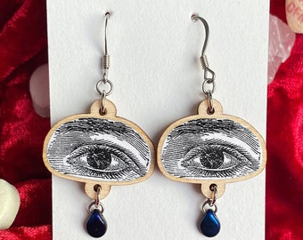 Crying Eyes Earrings, Wooden Earrings, Medical Student Gift, Creepy Jewelry, Quirky Earrings, Science Earrings