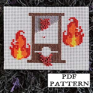 May include: A needlepoint pattern featuring a guillotine with a falling heart and flames. The design is in shades of red, brown, gray, and yellow on a white background. The text "PDF PATTERN" is at the bottom.