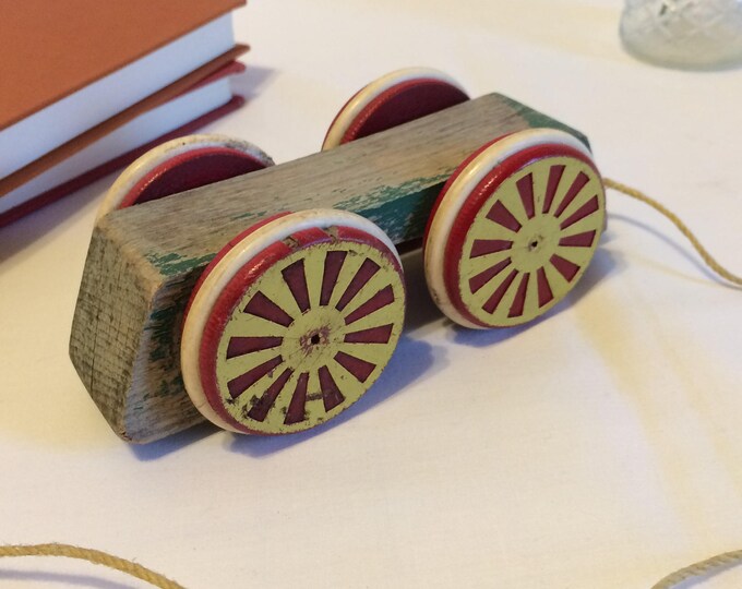 Vintage Wooden Pull Toy Car, Child's Old Wooden Pull Car, Made in