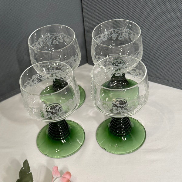 Vintage Schott Zwiesel Drink Glasses, Green Ripple Glasses, Green Beehive Boho Glasses, Wide Clear Bowl - Short Green Stem, Etched Glasses
