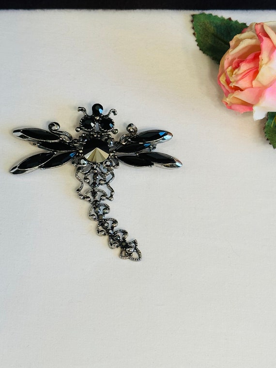 Vintage Black Dragonfly Brooch, Ladies Black Broo… - image 3