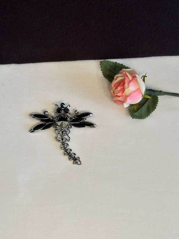 Vintage Black Dragonfly Brooch, Ladies Black Broo… - image 4