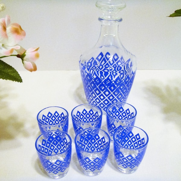 Decanter with Shot Glasses, French Blue Liquor Decanter with Stopper, Vintage French Service Liqueur Holder with Glasses, Original Box