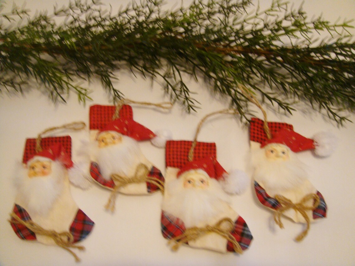 Vintage Santa Claus Stocking Ornaments, Four Christmas Santa Tree