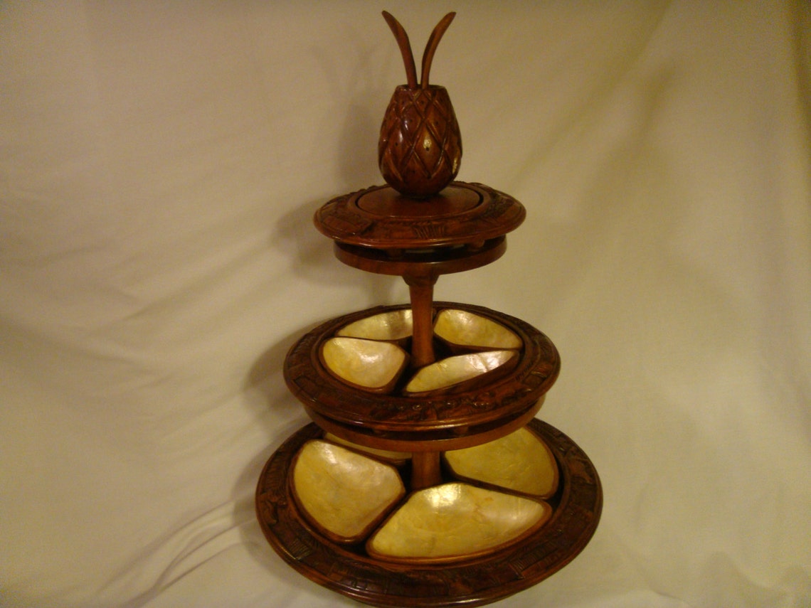 Lazy Susan Wooden Three Tier Lazy Susan Hand Carved Serving Etsy