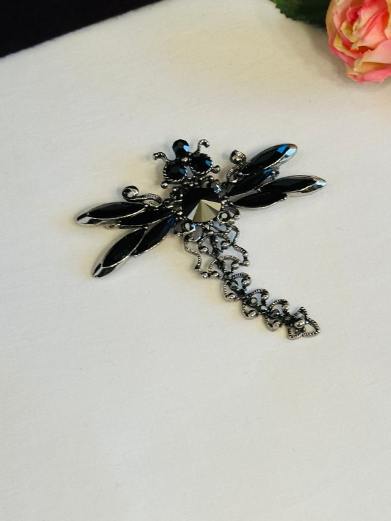 Vintage Black Dragonfly Brooch, Ladies Black Broo… - image 8