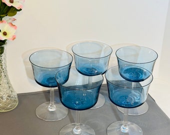 Blue Fostoria Champagne Glasses, Five Blue Crystal Hand Blown Sherbert or Wine Glasses, Collectible Blue and Clear Glasses, Elegant Barware