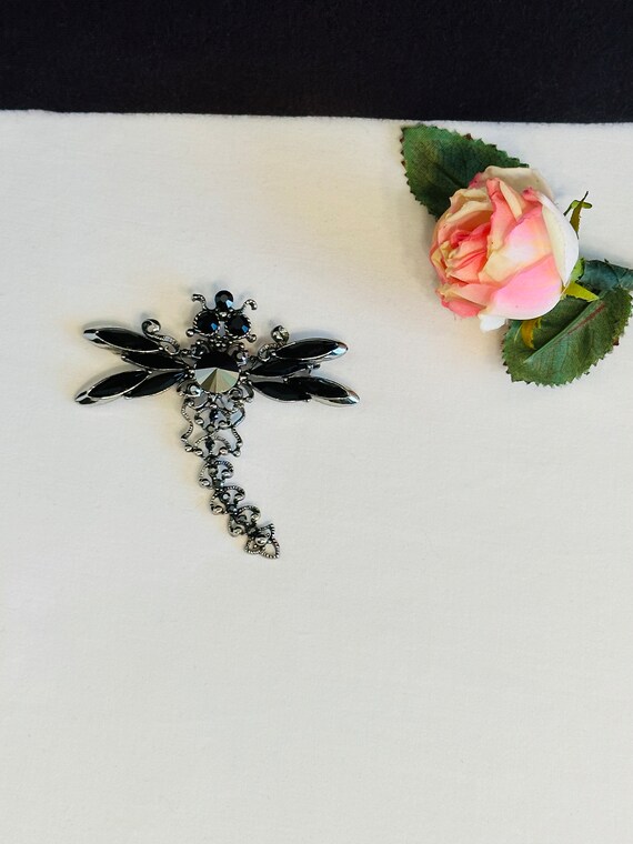 Vintage Black Dragonfly Brooch, Ladies Black Broo… - image 10