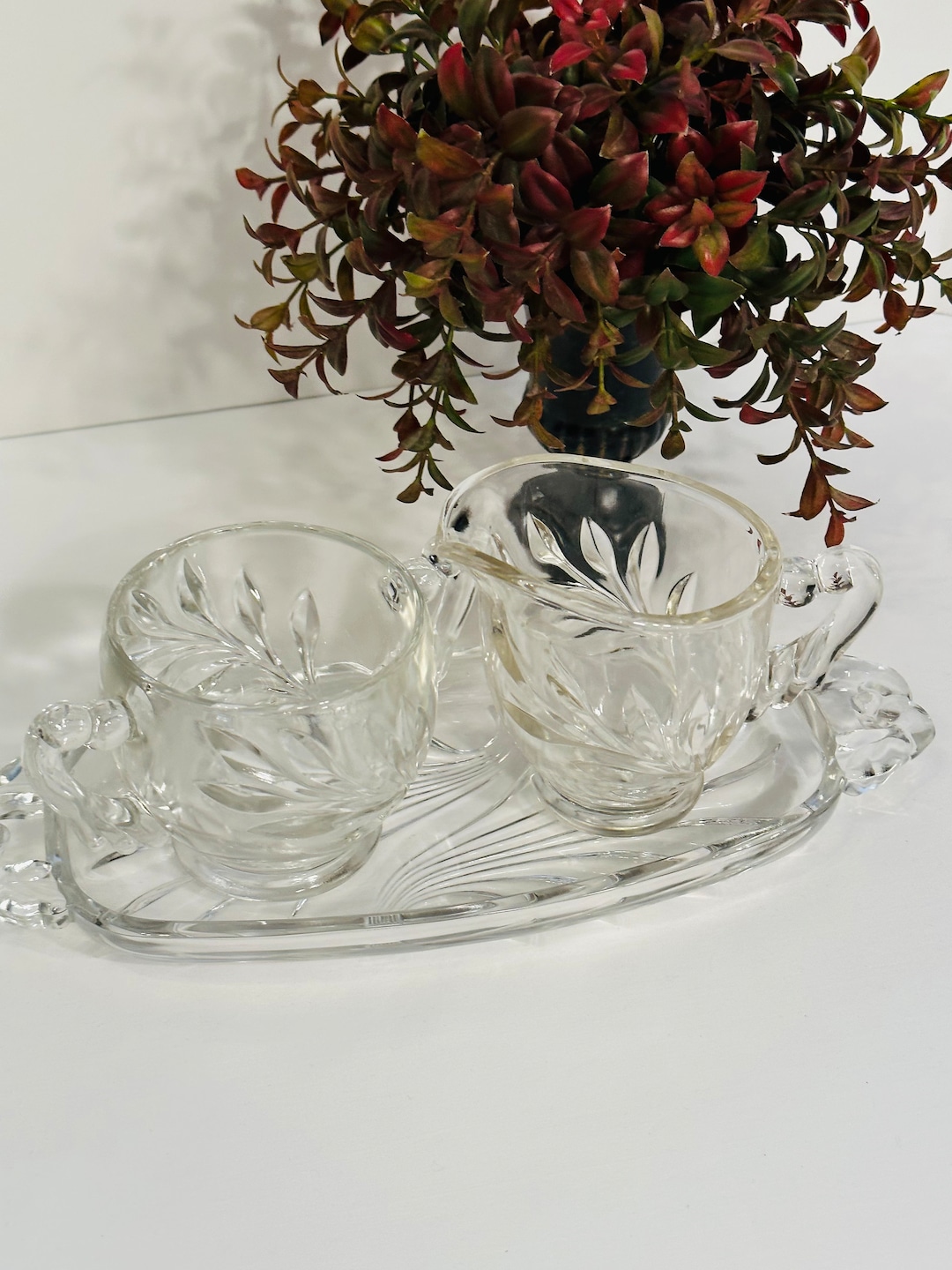 Cut Crystal Creamer and Sugar Bowl With Matching Tray, Sugar and