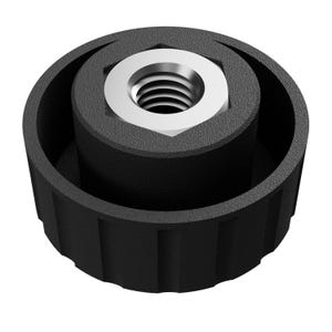 Könnte beinhalten: Schwarzer Kunststoffknopf mit einem Gewindeeinsatz. Der Knopf hat einen gerippten Außenrand.