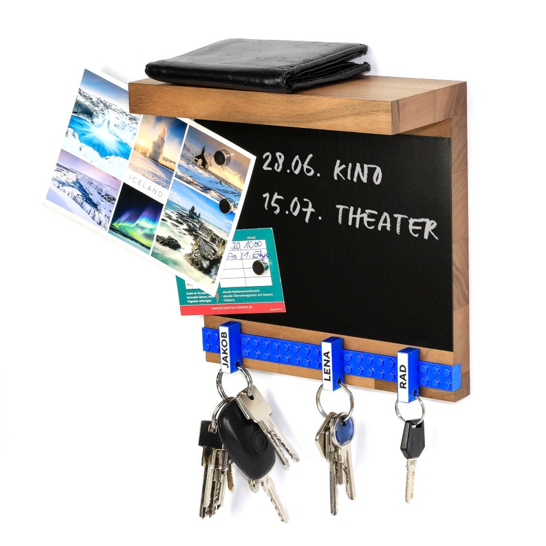 Toetsenbord walnoot Houten sleutelrek met plankje 5 sleutelhangers Magneetvel 2 magneten SCHUBICA verschillende kleuren Blauw