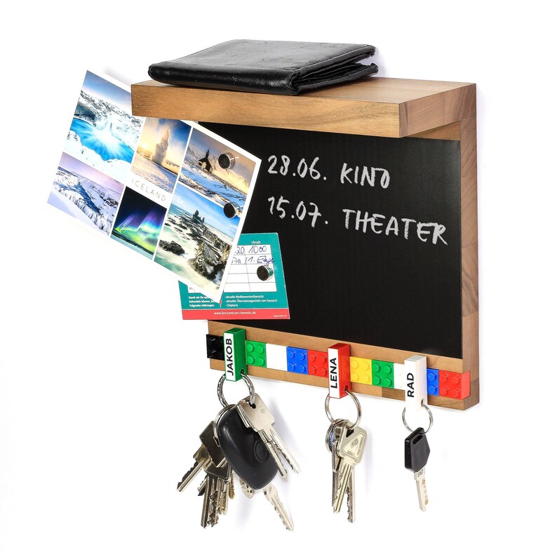 Toetsenbord walnoot Houten sleutelrek met plankje 5 sleutelhangers Magneetvel 2 magneten SCHUBICA verschillende kleuren Bunt