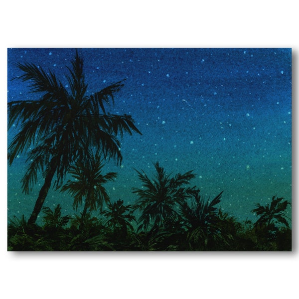 ORIGINAL WATERCOLOR - Tropical Night Sky  - "Romance Under the Stars" - Seascape Painting by Linda Henry - Matted & Ready to Frame! (#757)