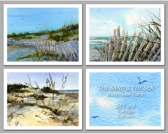 Beach Scenes - "The Sand & The Sea"  - Blank Note Cards - Set of 6 Seascapes - Watercolor Paintings by Linda Henry (NCWC005)