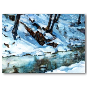 Winter Scene &quot;Snow Banks&quot; - PRINT or CARD of a WATERCOLOR by Linda Henry -  Matted prints fit a standard size 8x10 or 11x14 frame (#125)