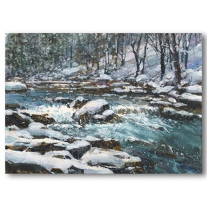 May include: A watercolor painting of a snowy forest scene with a rushing river in the foreground. The river is a vibrant blue-green color and is surrounded by rocks and snow. The trees in the background are covered in snow and are a dark green color.