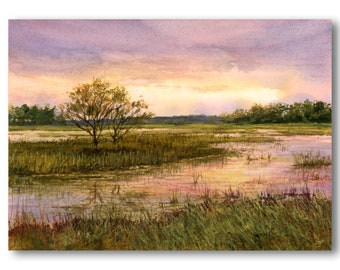 Beautiful ORIGINAL WATERCOLOR LANDSCAPE of a Sunrise over the marsh by Linda Henry - "Angels of the Dawn" - Matted & Ready to Frame! (#844)