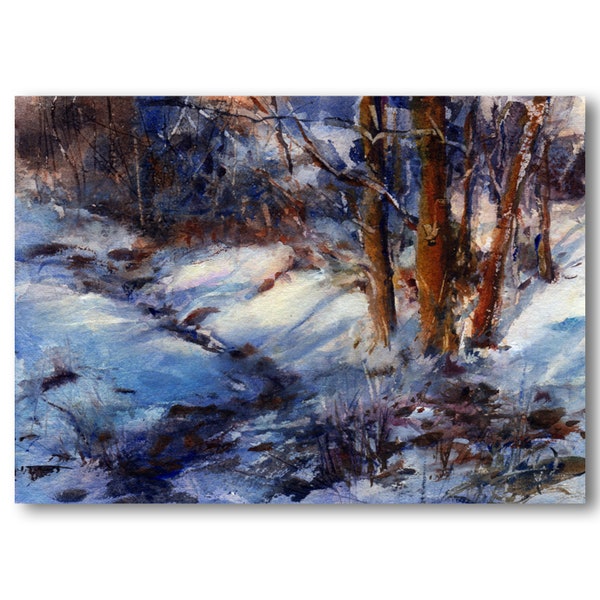 Escena de nieve "Sombras de la tarde" - Paisaje invernal - IMPRESIÓN EN ACUARELA con tapete cortado a medida o TARJETA DE FELICITACIÓN - Pintura de Linda Henry (#116)