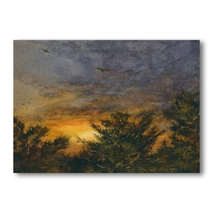 May include: A watercolor painting depicting a sunset landscape with dark, moody clouds in shades of purple and gray above a horizon glowing with orange and yellow light. Silhouetted evergreen trees fill the foreground, and small birds fly.