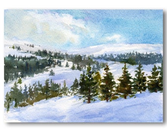 Winter Landscape - Print of a Watercolor Painting by Linda Henry - "Above the Clouds" - Available in 2 sizes with a Custom-cut Mat (#157)