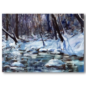 Winter snow Scene "Stony Creek" -PRINT or CARD of a WATERCOLOR by Linda Henry - Matted prints fit a standard size 8x10 or 11x14 frame (#173)
