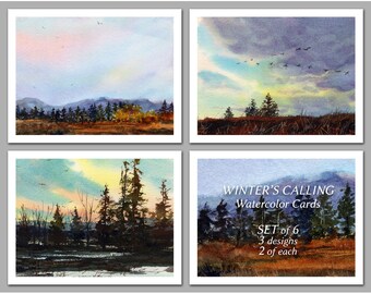 Winter's Calling - Set of 6 NOTE CARDS - Watercolor Paintings by Linda Henry (NCWC015)