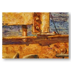 May include: A watercolor painting of a rusty metal hinge with bolts and a blue brick wall in the background.