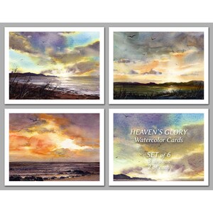 Set of 6 Seascape Sunset & Sunrise Blank NOTE CARDS - &quot;Heaven&#39;s Glory&quot; - Watercolor Paintings by Linda Henry (NCWC043)