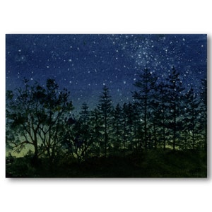 ORIGINAL WATERCOLOR - &quot;Starlight&quot; - Starry Night Sky Painting by Linda Henry - Milky Way - Matted & Ready to Frame! (#832)