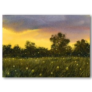 May include: A watercolor painting of a field with fireflies at dusk. The sky is a mix of purple, yellow, and orange. Trees line the edge of the field.