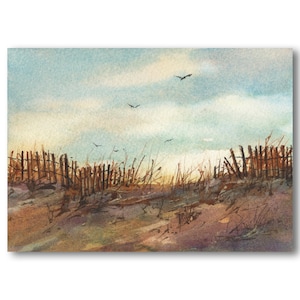 New Jersey Shore sand dunes - &quot;Farewell&quot; - PRINT or CARD of a Watercolor by Linda Henry - Prints are custom matted - Nautical Décor (#292)