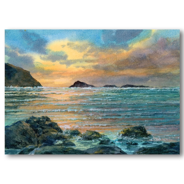 SUNSET Seascape Nautical WATERCOLOR PRINT of a Painting by Linda Henry - Available in 2 sizes - Matted & Ready to Frame - Great Gift! (#758)